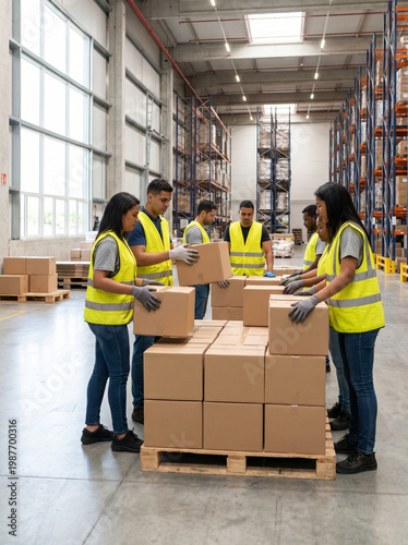 Diverse warehouse workers stacking cardboard boxes on pallet