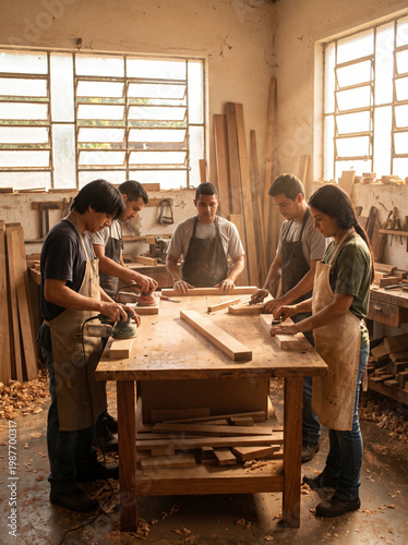 Carpenters working inside workshop with wood materials
