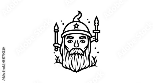 Hand drawn illustration of a fierce bearded warrior wearing a helmet with a star, holding a spear and a sword, vintage style.