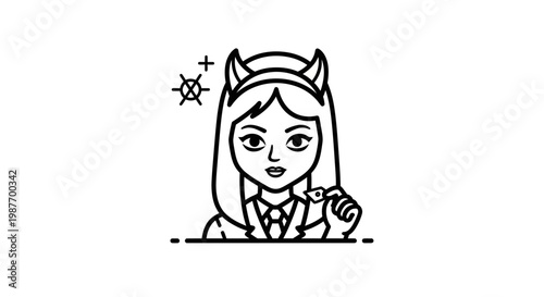 Young Woman with Devil Horns and Halo Icon Illustrating Duality, Good and Evil, Angel and Demon Concept Line Art