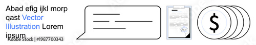 Business communication, financial transactions, documentation, monetary management, economy, digital services. Speech bubble, document coin symbols. Business communication and financial transactions