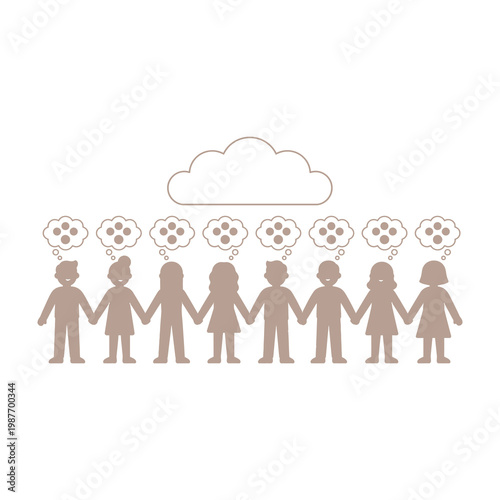 Gingerbread people holding hands under colorful balloons