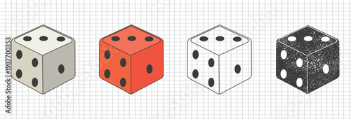 A collection of four gambling dice icons shown in isometric view. The set includes a flat grey dice, a vibrant red dice, a simple line art version, and a textured grunge style dice. All elements are p