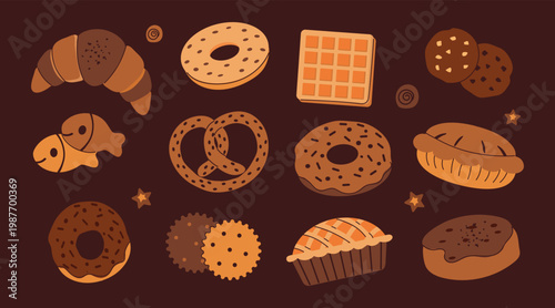 A cozy collection of various flat vector bakery illustrations, including croissants, donuts, waffles, pretzels, chocolate chip cookies, and fish-shaped pastries (taiyaki). Featuring a warm autumn colo