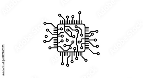 Minimalist Microchip Icon. Computer Processor, CPU Integrated Circuit Symbol. Digital Technology and Electronic Component Outline Illustration.