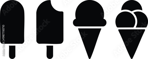 Minimalist Popsicle and Ice Cream Cone Icon Set, Modern Frozen Dessert Silhouette and Sweet Treat Vector Graphics.