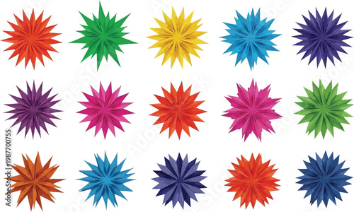 Colorful origami stars in various vibrant hues and shapes