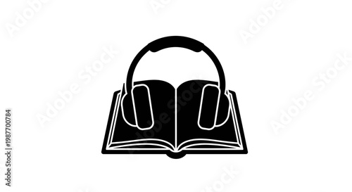 Audiobook Icon with Headphones and Open Book Vector Illustration