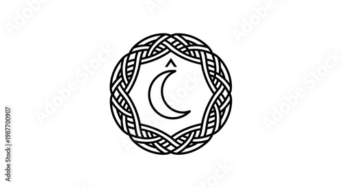Mystical Celtic knot frame with crescent moon and triangle symbol. Spiritual pagan astrology magic icon, vector illustration.