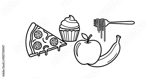 Assortment of popular food items including pizza, cupcake, apple, banana, and spaghetti in a simple black and white outline illustration