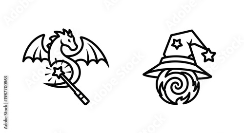 Fantasy magic outline icons set with dragon, sparkling magic wand, mystical wizard hat, and swirling crystal ball symbol