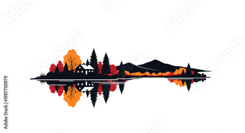 Autumn landscape vector illustration of a cabin by a mountain lake