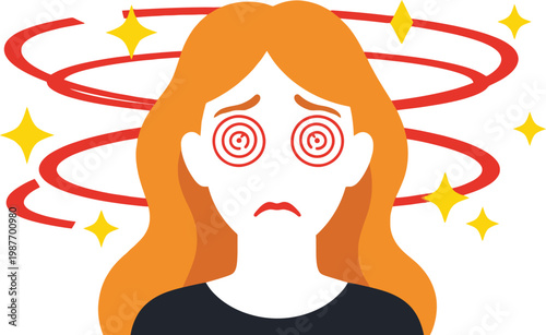Woman experiencing dizziness with swirling vision and stars