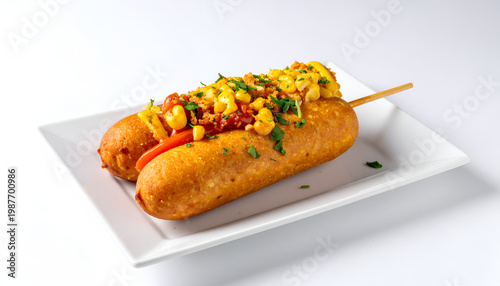 Corn dog topped with corn salsa ketchup and mustard on a white plate studio shot of street food on a stick isolated on white