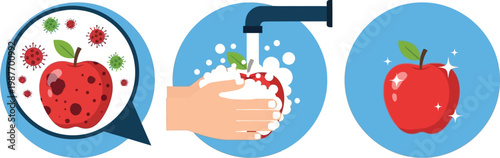 Washing apple under faucet to remove germs and bacteria