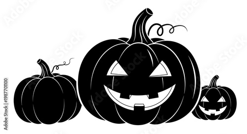 Spooky Halloween Jack-O-Lanterns and Pumpkin Black Vector Illustration