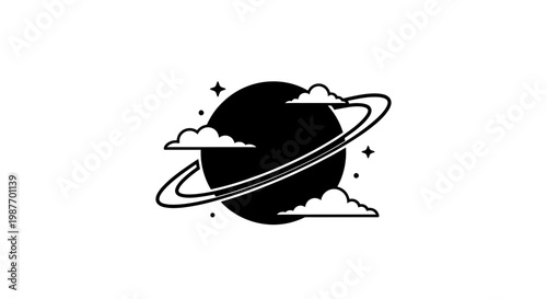 Minimalist Vector Illustration of Planet Saturn with Clouds and Stars