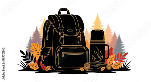 Hiking Backpack and Thermos in Autumn Forest Vector Illustration