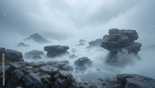 Floating rocks, misty sky