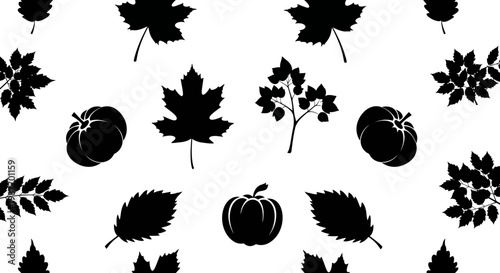 Autumn Harvest Silhouette Pattern with Leaves and Pumpkins