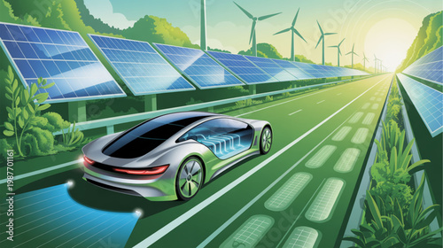 Electric car, sustainable energy, solar panels, wind turbines, eco-friendly transportation isolated on Transparent Background