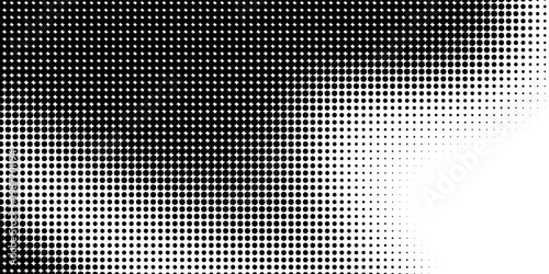 Hexagon halftone gradient texture. Abstract black grunge background. Geometric retro halftone tech overlay. Fading wavy hexagonal pattern backdrop. Vector vanishing honeycomb grunge bitmap wallpaper