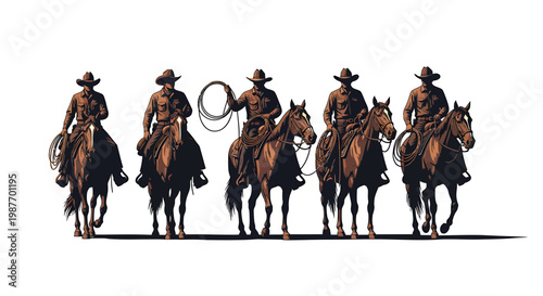Five Cowboys Riding Horses with Lassos Vector Illustration