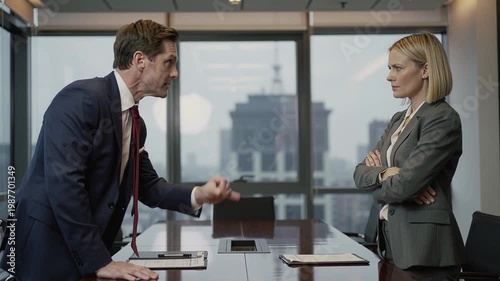 Male executive in dark suit gestures emphatically while discussing with female colleague in gray suit, both standing at a conference table in a modern office setting