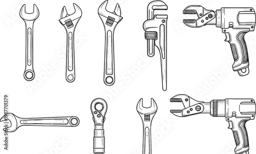 Hand tools set with wrench adjustable spanner pipe wrench and electric cutter detailed mechanical equipment vector line illustration collection