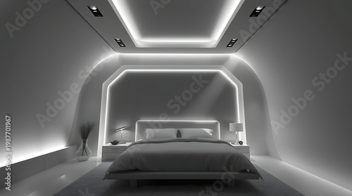 A sleek, minimalist bedroom in futuristic architecture design exudes a sense of simplicity and innovation. created by generative ai