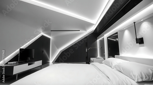 A sleek, minimalist bedroom in futuristic architecture design exudes a sense of simplicity and innovation. created by generative ai