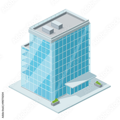 Isometric vector of a modern office building with blue glass windows, a flat roof, and small green planters at the entrance, set on a white base.