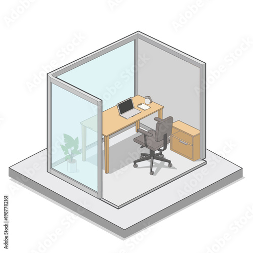 An isometric vector of a modern office workspace with a laptop, chair, and desk in a well-lit cubicle setting