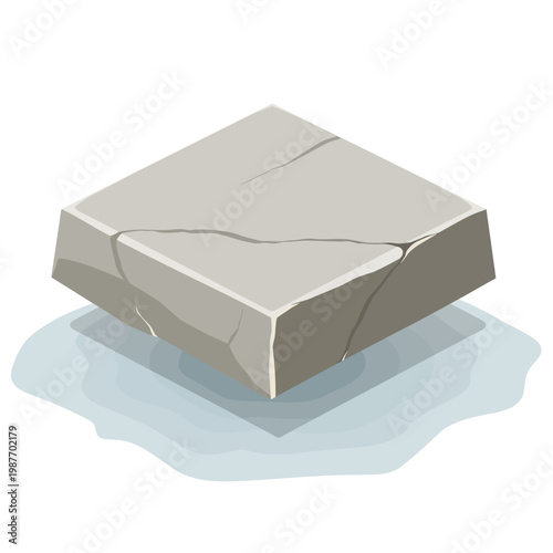 Isometric vector of a cracked grey stone slab floating above a reflective surface with a shadow.