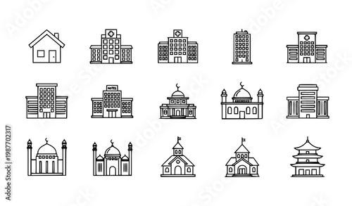 Minimal outline buildings icon set featuring real estate house apartment hospital hotel school and religious architecture vector illustration isolated on white background