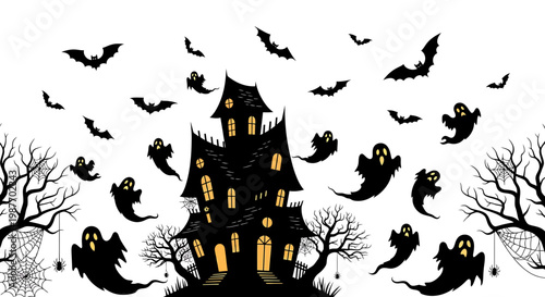 Spooky Haunted House Silhouette with Ghosts and Bats Illustration