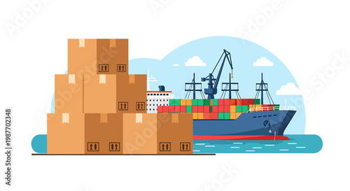 Global Logistics and Shipping Illustration with Cargo Ship and Boxes