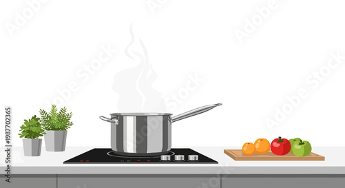 Steaming stainless steel pot on induction stove vector illustration