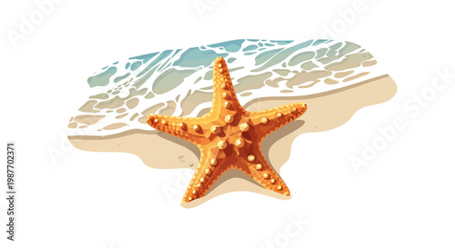 Starfish on Tropical Sandy Beach with Ocean Waves Vector Illustration