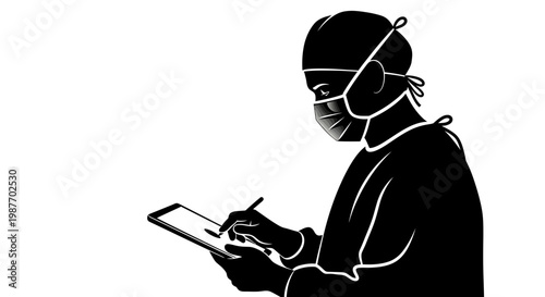 Surgeon in Mask Using Digital Tablet Vector Illustration