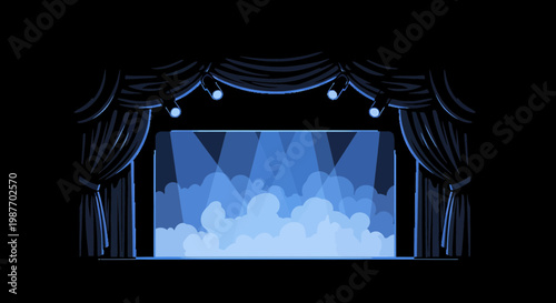 Empty Theater Stage with Spotlights and Blue Smoke Illustration