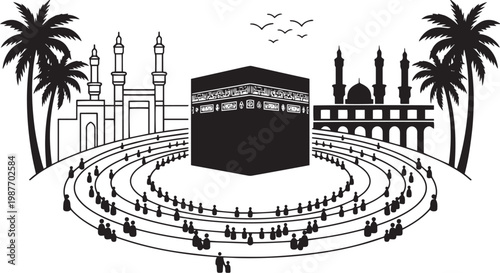 Pilgrims performing Tawaf around the Kaaba in Mecca, framed by palm trees and minarets , sacred, communal, and spiritually powerful black and white vector illustration
