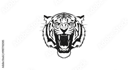 Roaring Tiger Head Vector Illustration Black and White Snarling