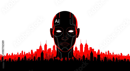 Futuristic AI Robot Head Over City Skyline Illustration