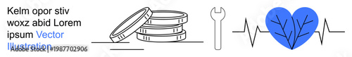 Business management, healthcare, financial stability, repair services, wellness, economy. Stacked coins, wrench heartbeat with heart icon. Financial stability and repair services concept