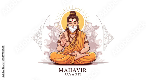 Detailed vector illustration depicting Lord Mahavir in a meditative pose for Mahavir Jayanti, set against a backdrop of intricate patterns and glowing lamps, conveying a serene