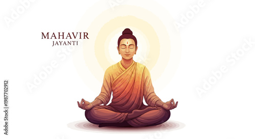 A serene illustration displays Lord Mahavir in a meditative pose against a radiant, sunlit background, celebrating the Jain festival of Mahavir Jayanti with intricate vector design