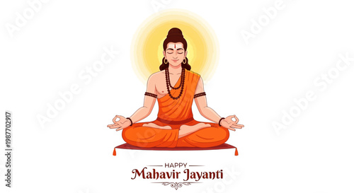Detailed vector illustration depicting Lord Mahavir in a serene meditative pose for Mahavir Jayanti, set against a bright, sunlit background with warm tones, celebrating the Jainism
