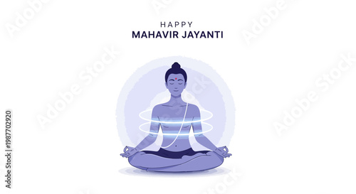 Minimalist vector illustration depicting Lord Mahavir in a serene lotus position, surrounded by glowing rings, symbolizing enlightenment, on a clean white background for the Jainism