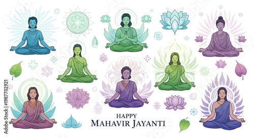 A festive Mahavir Jayanti illustration presents various depictions of Lord Mahavir meditating with lotus flowers against a clean white backdrop, conveying a spiritual and celebratory mood